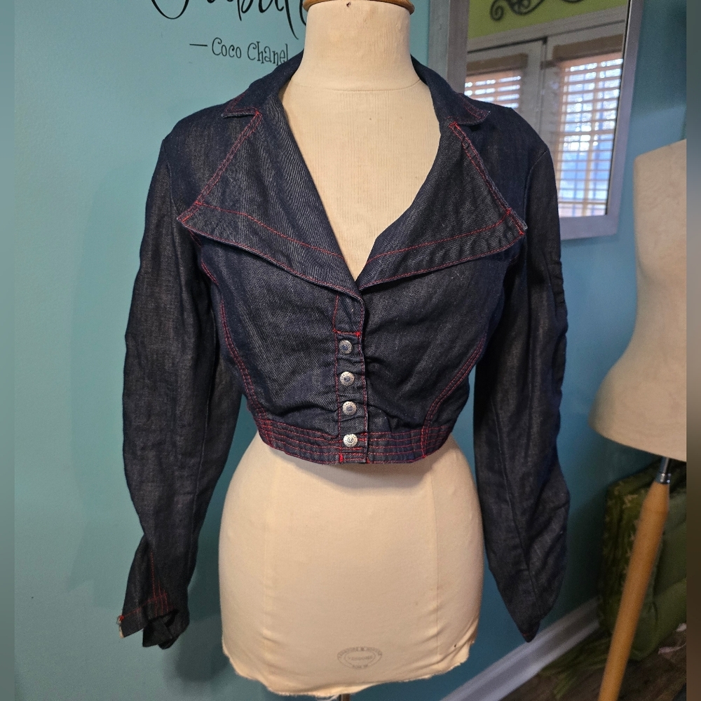 Chic Le Gatte Snap-Front Dark Blue Denim Crop Jacket